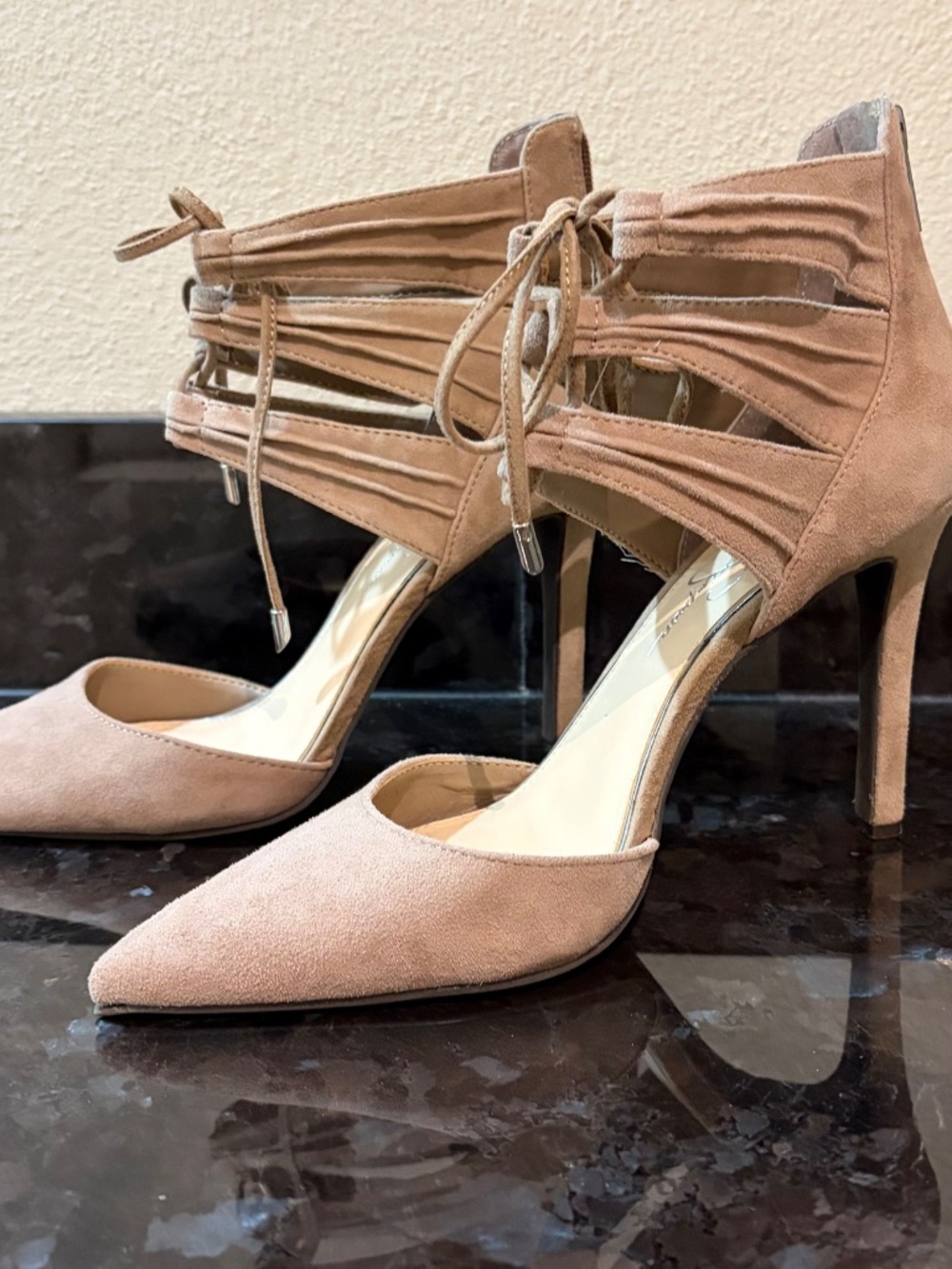 Jessica Simpson Suede Lace-Up Pointed Toe Heels | Nude Pumps